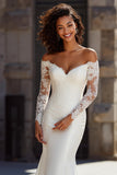 V-Neck Mermaid White Lace Appliqued Sweep Train Wedding Dress
