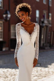 White Mermaid V-Neck Lace Appliqued Wedding Dress with Court Train