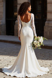 White Mermaid Lace Appliqued Court Train Wedding Dress