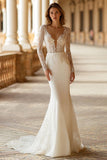 Ivory V-Neck Mermaid Court Train Long Sleeve Wedding Dress