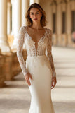 Ivory V-Neck Mermaid Court Train Long Sleeve Wedding Dress
