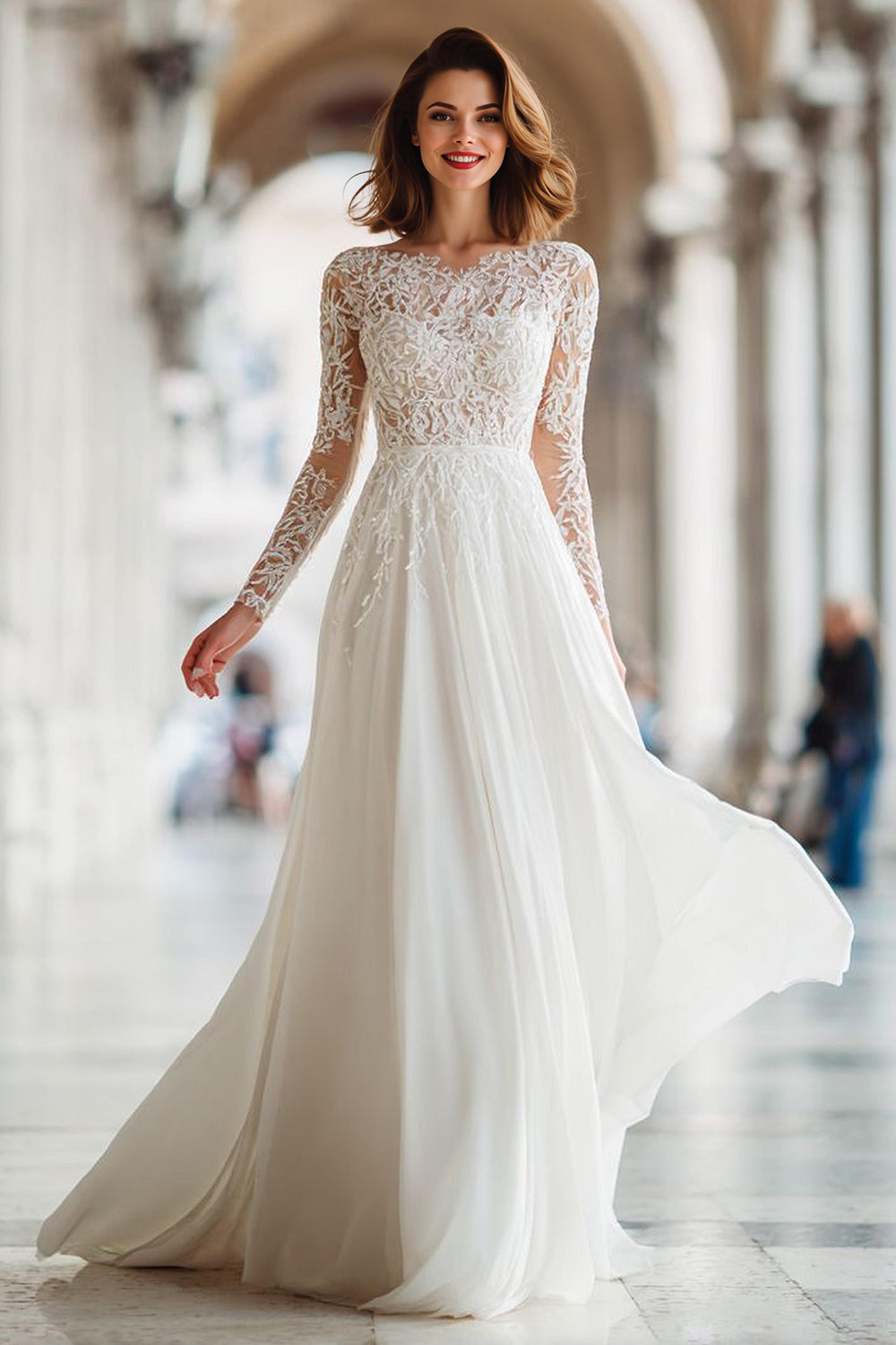 Zapaka Women Ivory Wedding Dress Lace A Line Long Sleeve Bridal Dress ZAPAKA UK Zapaka Women Ivory Wedding Dress Lace A Line Long Sleeve Bridal Dress ZAPAKA UK