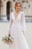 Ivory V-Neck A Line Long Sleeve Wedding Dress