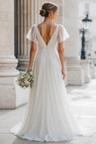 Ivory V-Neck A Line Short Sleeve Wedding Dress
