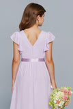 Lilac A-Line Chiffon V-Neck Long Junior Bridesmaid Dress with Ruffles