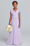 Lilac V-Neck A-Line Chiffon Long Junior Bridesmaid Dress with Ruffles