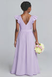 Lilac V-Neck A-Line Chiffon Long Junior Bridesmaid Dress with Ruffles