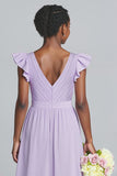 Lilac V-Neck A-Line Chiffon Long Junior Bridesmaid Dress with Ruffles