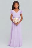 Lilac Chiffon V-Neck A-Line Ruched Long Junior Bridesmaid Dress with Sleeves