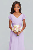 Lilac Chiffon V-Neck A-Line Ruched Long Junior Bridesmaid Dress with Sleeves