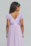 Lilac Chiffon V-Neck A-Line Ruched Long Junior Bridesmaid Dress with Sleeves