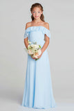 Sky Blue Off the Shoulder Chiffon A-Line  Long Junior Bridesmaid Dress