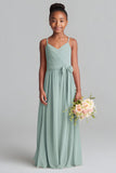 Matcha Spaghetti Straps Chiffon A-Line Long Junior Bridesmaid Dress