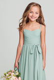 Matcha Spaghetti Straps Chiffon Ruched A-Line Long Junior Bridesmaid Dress