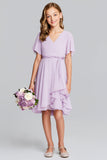 Purple V-Neck Chiffon A-Line Midi Junior Bridesmaid Dress with Short Sleeves