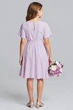 Purple V-Neck Chiffon A-Line Midi Junior Bridesmaid Dress with Short Sleeves