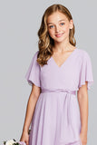 Purple V-Neck Chiffon A-Line Midi Junior Bridesmaid Dress with Short Sleeves