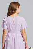 Purple V-Neck Chiffon A-Line Midi Junior Bridesmaid Dress with Short Sleeves