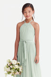 Sage Green Halter Chiffon A-Line Long Junior Bridesmaid Dress