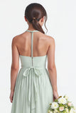Sage Green Halter Chiffon A-Line Long Junior Bridesmaid Dress