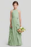 Sage Green Chiffon Halter A-Line Long Junior Bridesmaid Dress