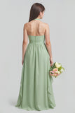 Sage Green Chiffon Halter A-Line Long Junior Bridesmaid Dress