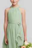 Sage Green Chiffon Halter A-Line Long Junior Bridesmaid Dress