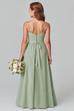 Sage Green Spaghetti Straps A-Line Chiffon Long Junior Bridesmaid Dress