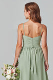 Sage Green Spaghetti Straps A-Line Chiffon Long Junior Bridesmaid Dress