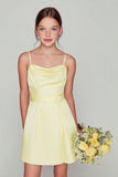 Light Yellow Spaghetti Straps A-Line Satin Short Junior Bridesmaid Dress