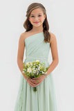 Sage Green One Shoulder A Line Chiffon Long Junior Bridesmaid Dress