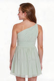 Sage Green A Line Chiffon One Shoulder Short Junior Bridesmaid Dress