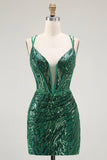 Sparkly Dark Green Bodycon Backless Short Corset Graduation Dress with Sequins