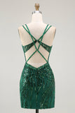 Sparkly Dark Green Bodycon Backless Short Corset Graduation Dress with Sequins