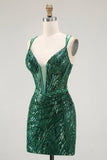 Sparkly Dark Green Bodycon Backless Short Corset Graduation Dress with Sequins