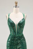 Sparkly Dark Green Bodycon Backless Short Corset Graduation Dress with Sequins