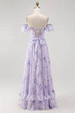 Lavender Floral Ruffled Off The Shoulder A Line Bridesmaid Dress