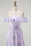Lavender Floral Ruffled Off The Shoulder A Line Bridesmaid Dress