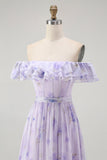 Lavender Floral Ruffled Off The Shoulder A Line Bridesmaid Dress