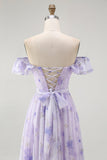 Lavender Floral Ruffled Off The Shoulder A Line Bridesmaid Dress