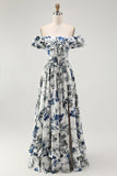 Blue Floral Ruffled Off The Shoulder A Line Bridesmaid Dress