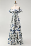 Blue Floral Ruffled Off The Shoulder A Line Bridesmaid Dress