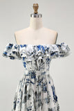 Blue Floral Ruffled Off The Shoulder A Line Bridesmaid Dress