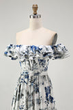 Blue Floral Ruffled Off The Shoulder A Line Bridesmaid Dress