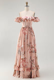 Blush Floral Off The Shoulder A Line Ruffled Bridesmaid Dress