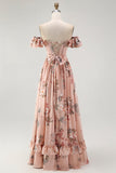 Blush Floral Off The Shoulder A Line Ruffled Bridesmaid Dress