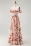 Blush Floral Off The Shoulder A Line Ruffled Bridesmaid Dress