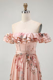 Blush Floral Off The Shoulder A Line Ruffled Bridesmaid Dress
