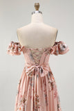 Blush Floral Off The Shoulder A Line Ruffled Bridesmaid Dress