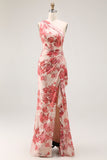 Champagne Floral One Shoulder Sheath Wedding Guest Dress with Slit